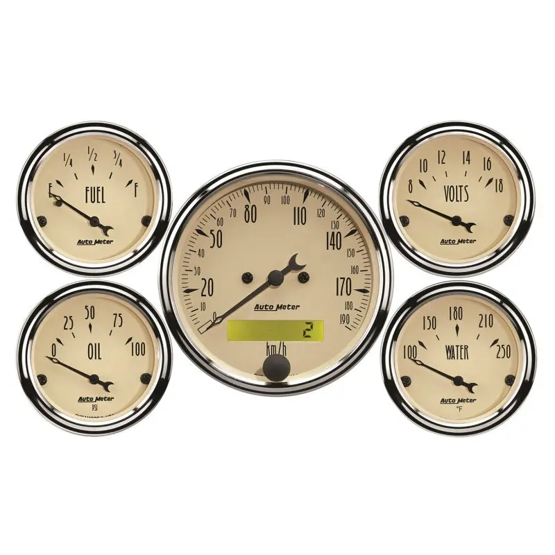 Autometer Antique Beige 5-Gauge Kit 3-1/8In Electrical Speedometer 190Kph 1